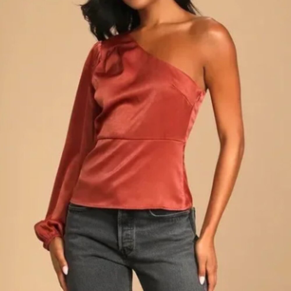 Lulus Meet Me at Happy Hour Marsala Satin One-Shoulder Long Sleeve Top  NWT